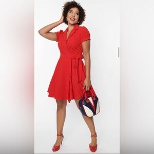 Unique Vintage Red Textured Houndstooth Wrap Dress - Size 2X/18